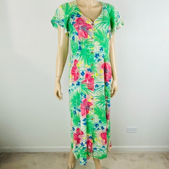 Jams World Button Down Tie Back Women's Size M Midi Dress Leaf & Floral Print - Picture 2 of 11